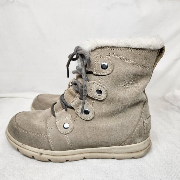 Sorel Womens 6.5 Mid Calf Suede Lace Boots Faux Fur Beige Explorer Joan Boot - Picture 1 of 11